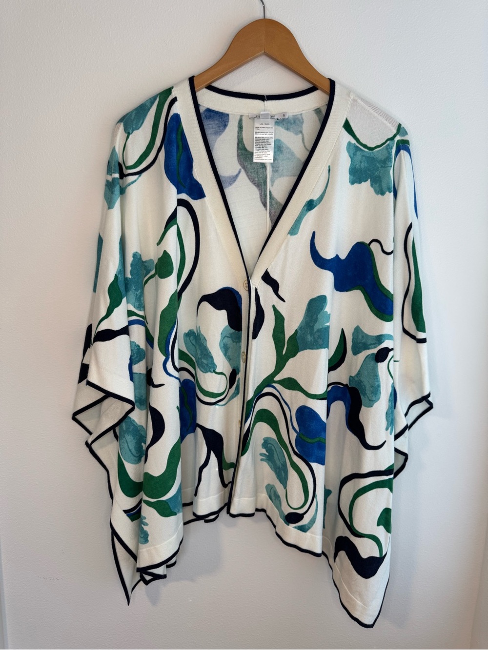 Chico’s  Women’s  XL  White  Teal  Black  Abstract  Cardigan  Lightweight  Layer